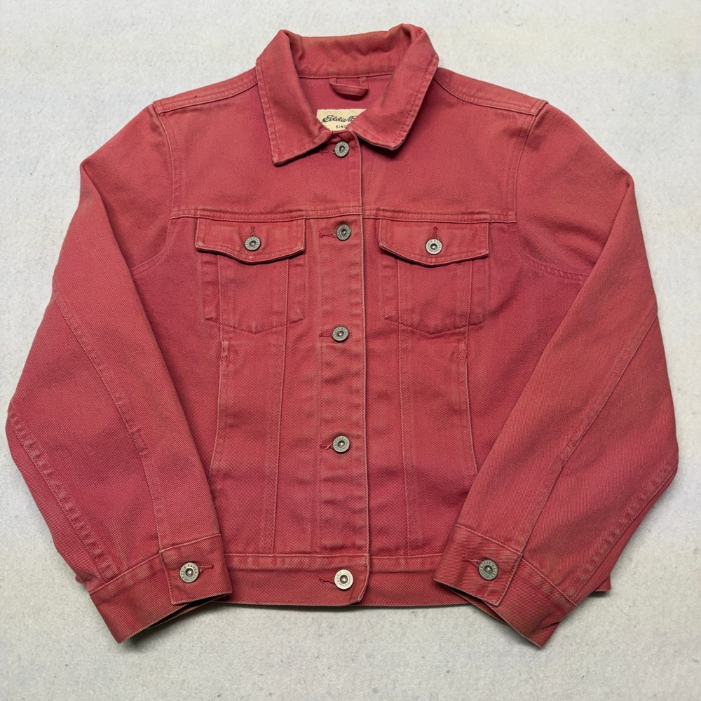 Vintage Eddie Bauer Red Denim Trucker Jacket Womens Small‎ Cotton Grunge 90s